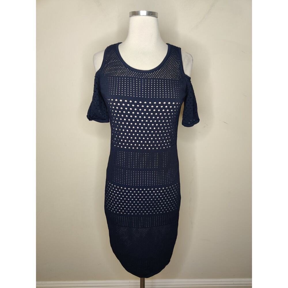 Calvin Klein Cold Shoulder Dress Sheath Navy Over Nude Bodycon Knit